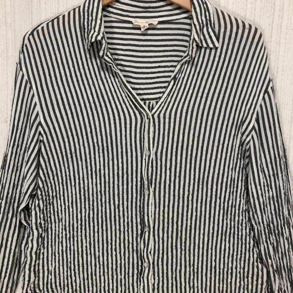 Jane and Delancey Black White Striped Crinkle Button Front Shirt Mens Medium